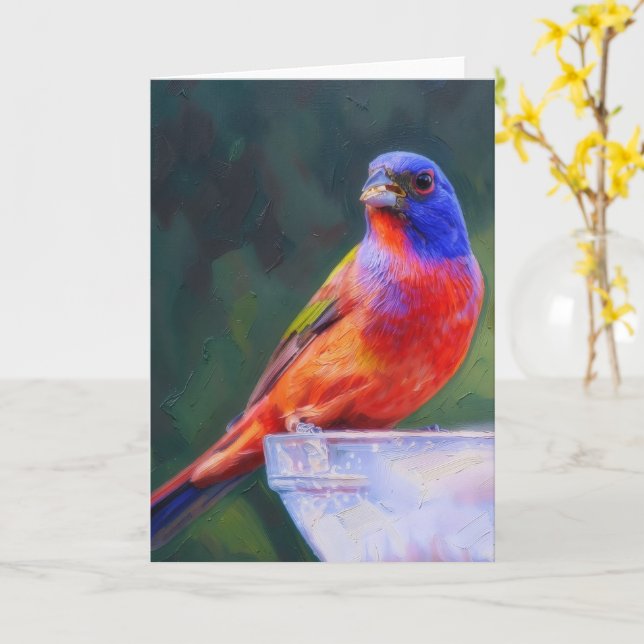 Gemalter Bunting-Vogel auf Vogelfutterhaus Vogel L Karte (Gelbe Blume)