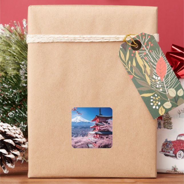 Gemalter Fuji-Berg in Kirschblütensaison Quadratischer Aufkleber (Feiertag)