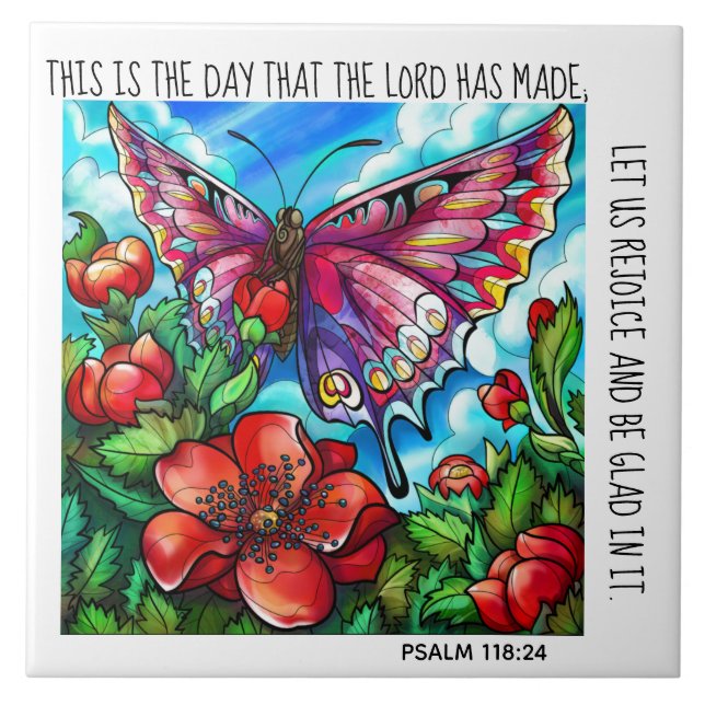 Gemalter Schmetterling und Blume mit Vers Psalm 11 Fliese (Vorderseite)