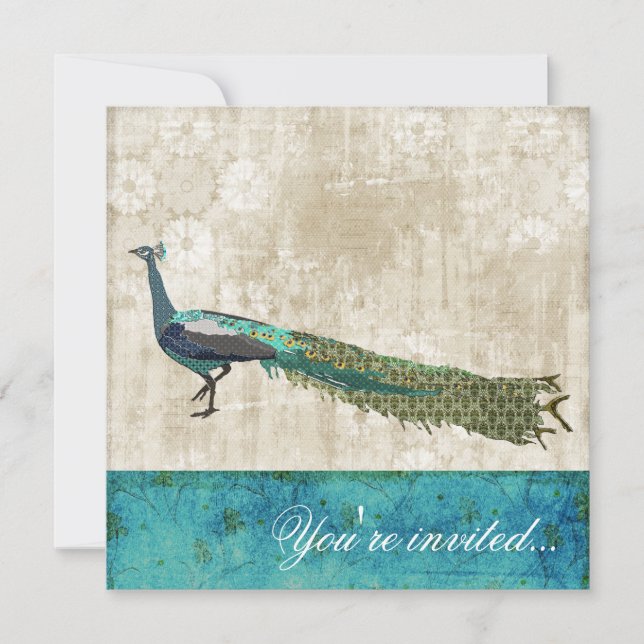Gemaltes Pfau-Meerblaues u. weißes Vintages Einladung (Vorderseite)