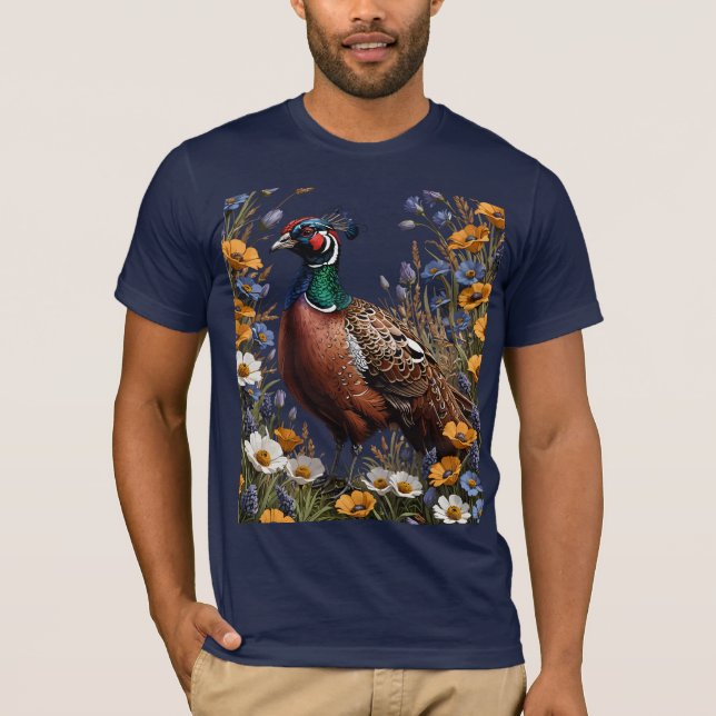 Gemeiner Fasan unter violetten Blumen T-Shirt (Vorderseite)
