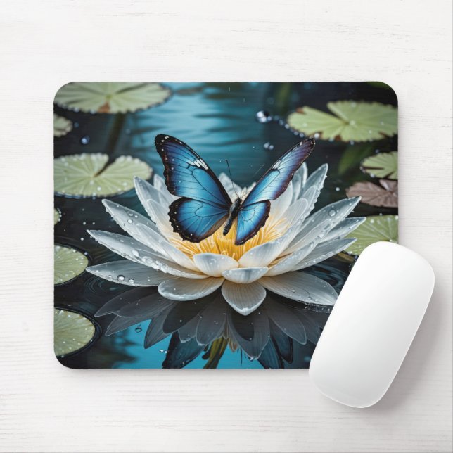 Gemeiner Morpho-Schmetterling auf einer Wasserlili Mousepad (Mit Mouse)