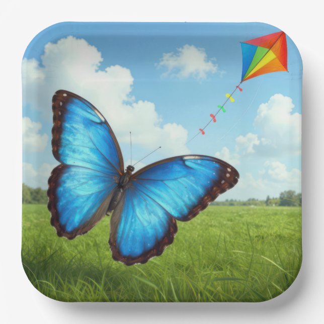 Gemeiner Morpho-Schmetterling fliegt einen Drachen Pappteller (Vorderseite)
