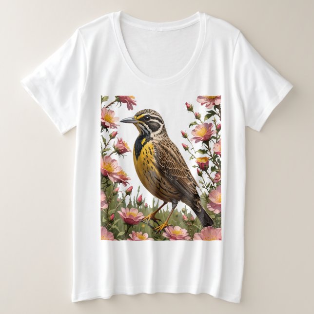 Gemeiner Western Meadowlarer, umgeben von Prärie Große Größe T-Shirt (Design vorne)