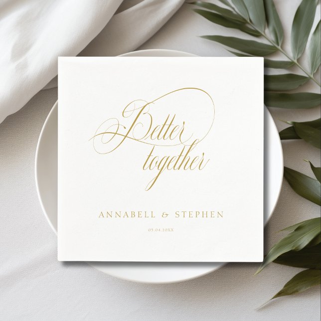 Gemeinsam besser! Moderne, Kalligraphie, Serviette (Better together! Customer specific, modern, calligraphy, white, wedding napkin.)