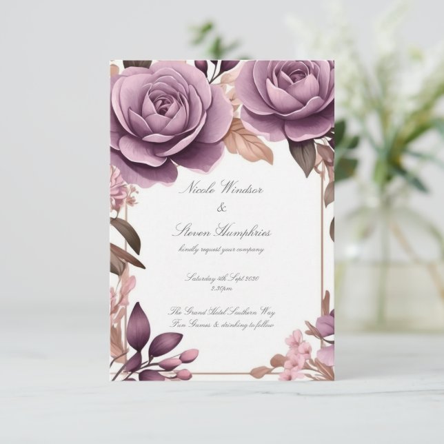 Gemeinsam für Mauve Floral Wedding Einladung (Stehend Vorderseite)