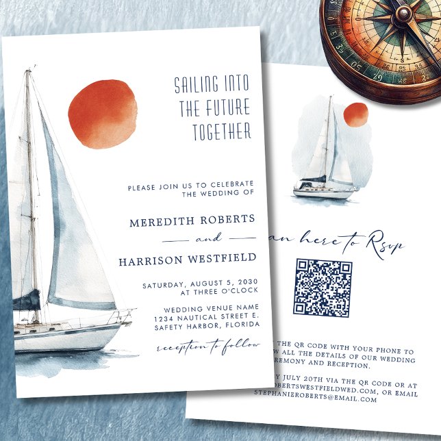 Gemeinsam in die Zukunft segeln - Nautische Hochze Einladung (Sailing Into The Future Together Sailboat Wedding Invitation 1)