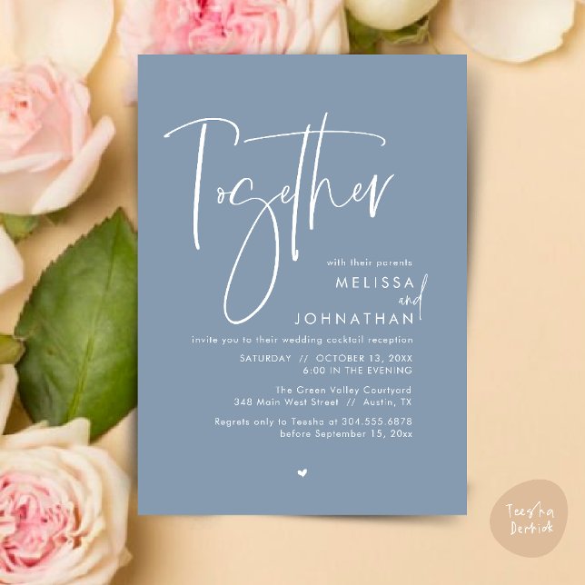 Gemeinsam mit ihren Eltern, Hochzeitsempfang Einladung (Together with their parents, Wedding Reception Invitation Card PDF Modern clean Dusty Blue)