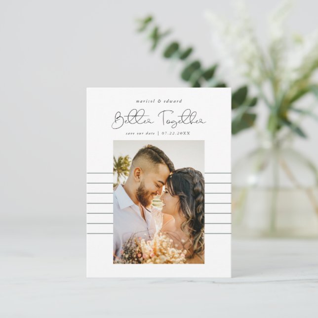 Gemeinsam | Modern Script Foto Rett Date Ankündigungspostkarte (Stehend Vorderseite)