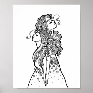 Gemeinsam wachsen - Mother Daughter Line Art Portr Poster