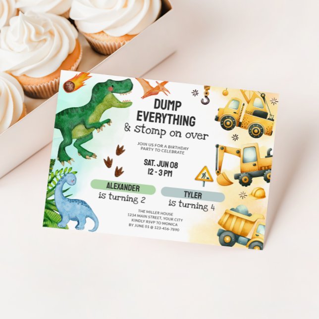 Gemeinsame Dinosaurier und Baugewerbe Geschwister  Einladung (Joint Dinosaur & Constructions Birthday Invite)