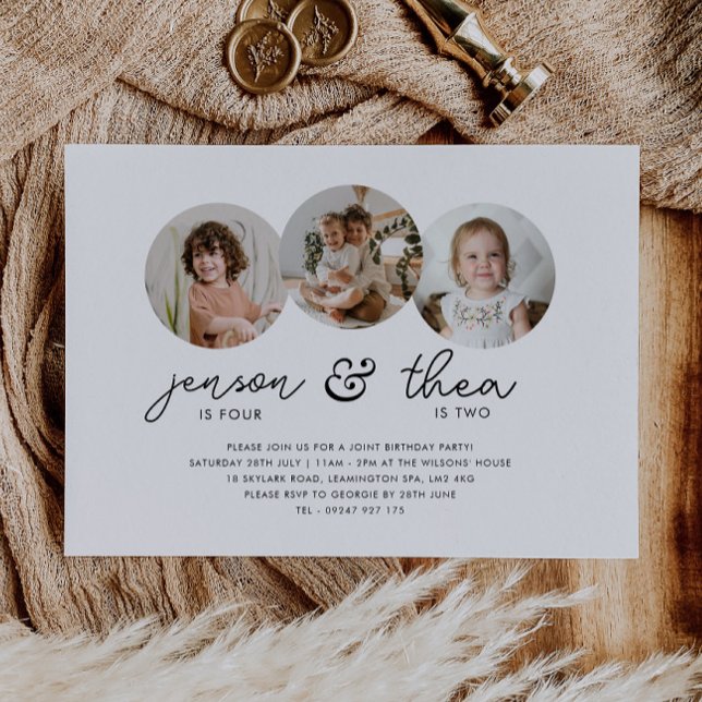 Gemeinsame Fotos zum 3. Geburtstag Einladung (Zazzle Joint Birthday 3 Round Photos Invitation)