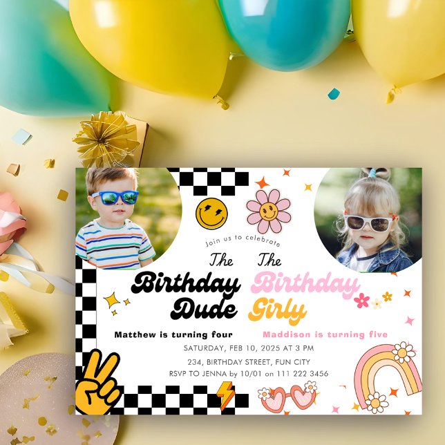 Gemeinsame Geburtstagsgroovy kombinierte Geschwist Einladung (Joint Birthday Groovy Combined Sibling Double Invitation)