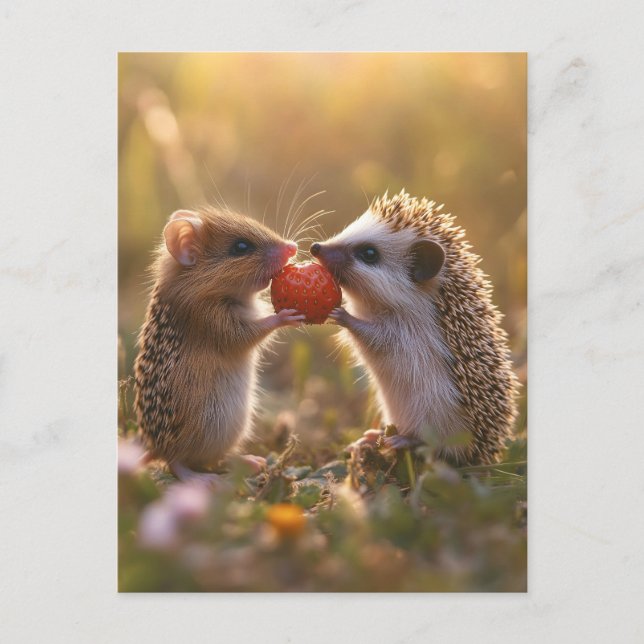 Gemeinsame Nutzung einer Erdbeere - Adorable Igel  Postkarte (Vorderseite)