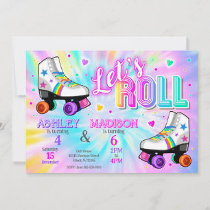 Gemeinsame Rollschuh-Geburtstagsfeier Tie Dye Einladung
