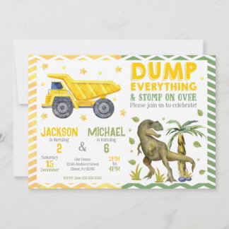 Gemeinsamer Dinosaurier- und Baustellen-Geburtstag Einladung