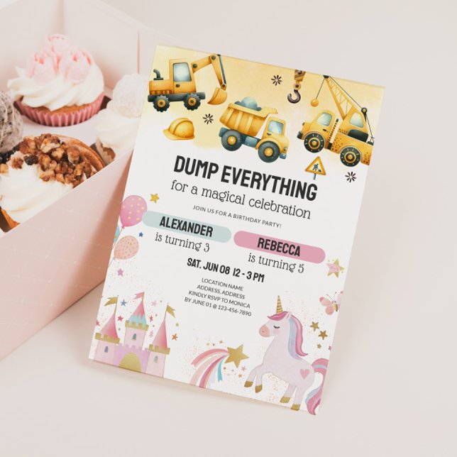 Gemeinsamer Geburtstag von Bruder und Schwester mi Einladung (Joint Kids Birthday Party Invitation - Dump Trucks & Unicorns)