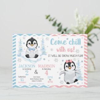 Gemeinsamer Winter-Geburtstag süßer Pinguine Einladung