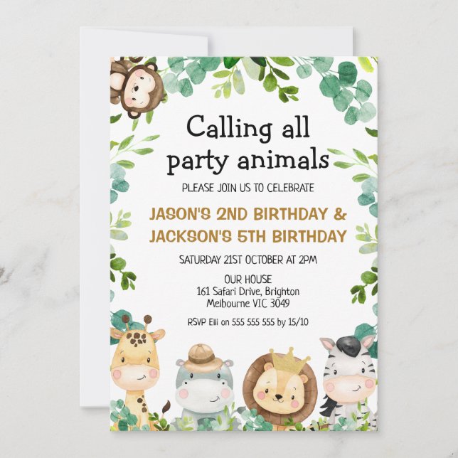 Gemeinsames Safari Animals Party Tiere Geburtstag Einladung (Vorderseite)