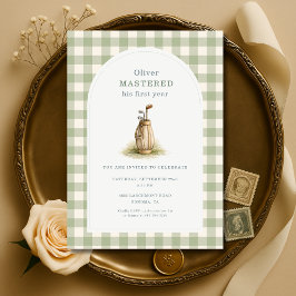 Gemeistert 1. Geburtstag Sage Green Gingham Einladung