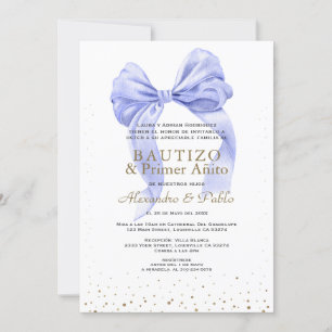 Gemelos Blue Bow Hijos Primer Añito Bautizo Einladung