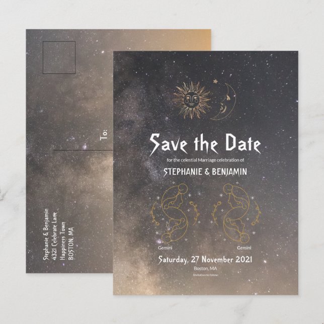 Gemini Celestial Typografie Zodiac Glitzer Cool Ankündigungspostkarte (Vorne/Hinten)