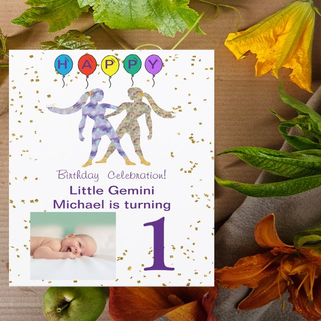 Gemini Erstgeburtstag Gold, Balloons und Foto Einladung (Von Creator hochgeladen)