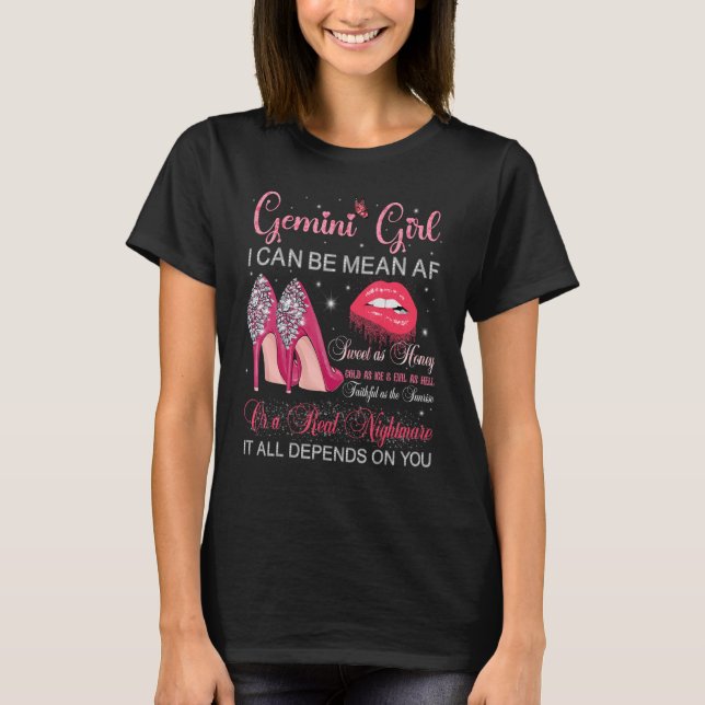 Gemini Girl Birthday High Heels Tropfen Lippen Hin T-Shirt (Vorderseite)