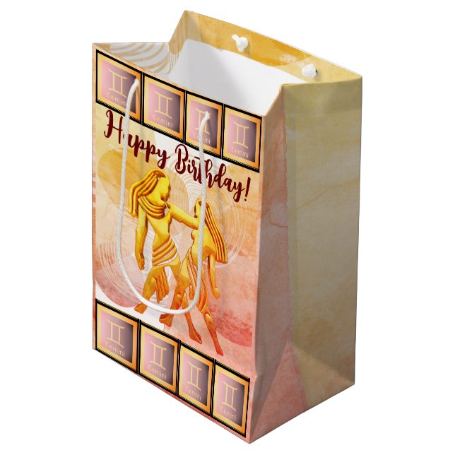 Gemini - Happy Birthday Medium Geschenktasche Mittlere Geschenktüte (Vorderseite Schrägansicht)