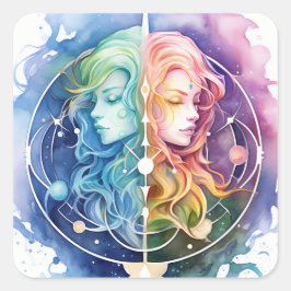 Gemini Horoskop Symbol der Twins Wasserfarbe Quadratischer Aufkleber