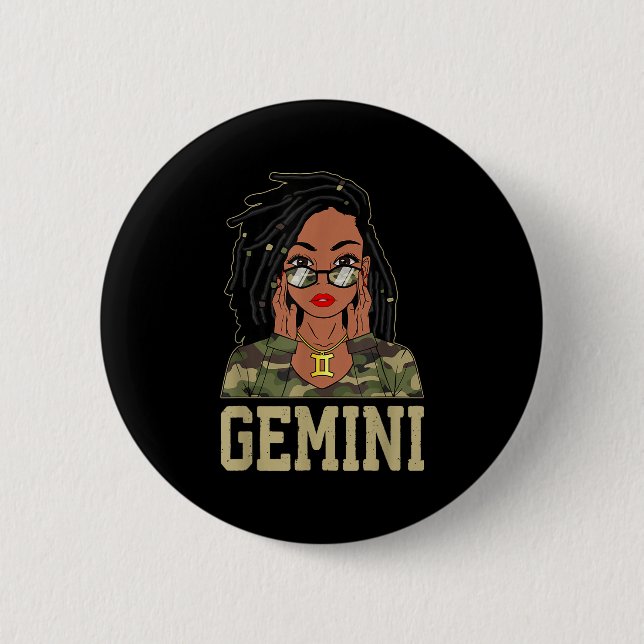 Gemini Loc'd Hair Sy Black Woman Camo Melanin Girl Button (Vorderseite)