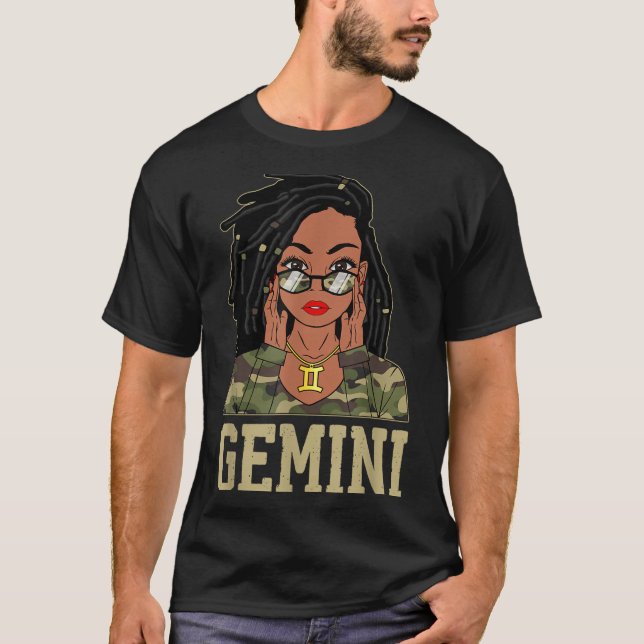 Gemini Loc'd Hair Sy Black Woman Camo Melanin Girl T-Shirt (Vorderseite)