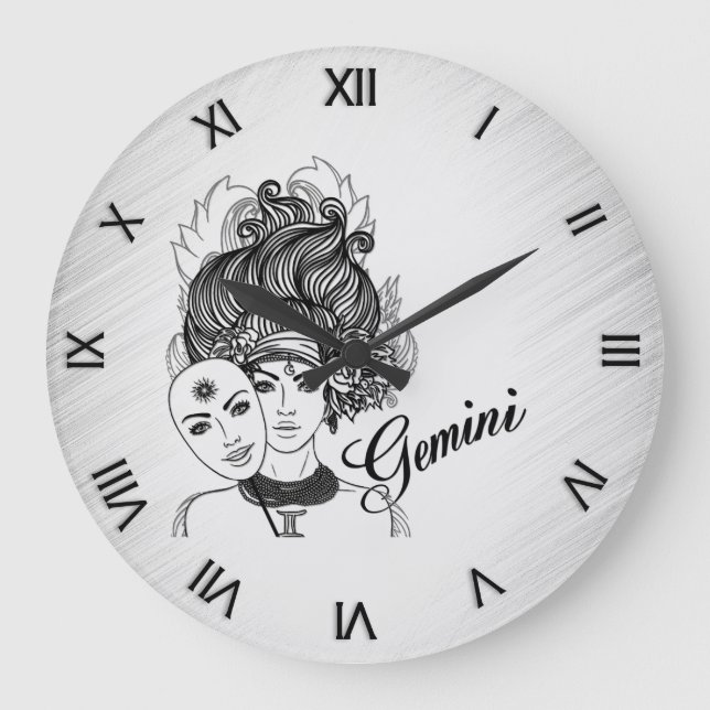 Gemini Masked Lady Zodiac Roman Numerals Große Wanduhr (Vorderseite)