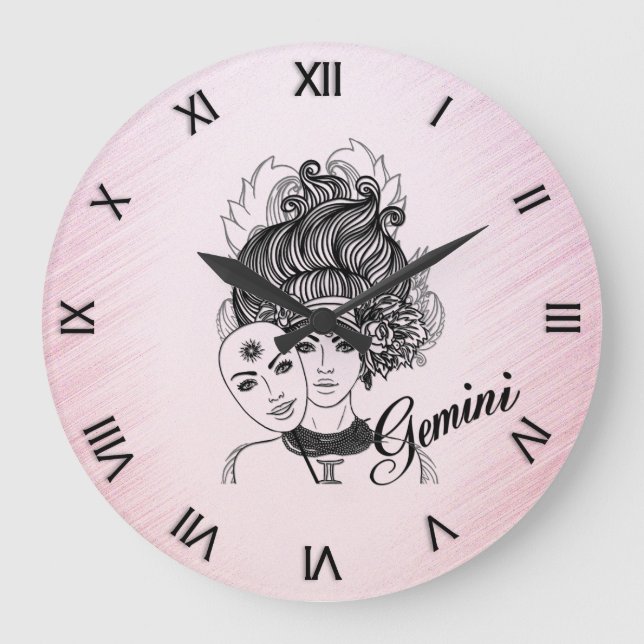 Gemini Masked Lady Zodiac Roman Numerals Rosa Große Wanduhr (Vorderseite)