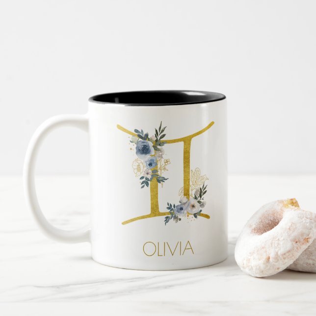 Gemini Name Blue & Gold Floral Zweifarbige Tasse (Mit Donut)