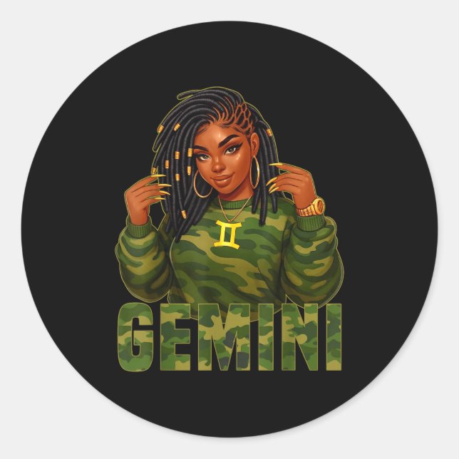 Gemini Queen Loc'd Black Woman Camo Zodiac Sign  Runder Aufkleber (Vorderseite)