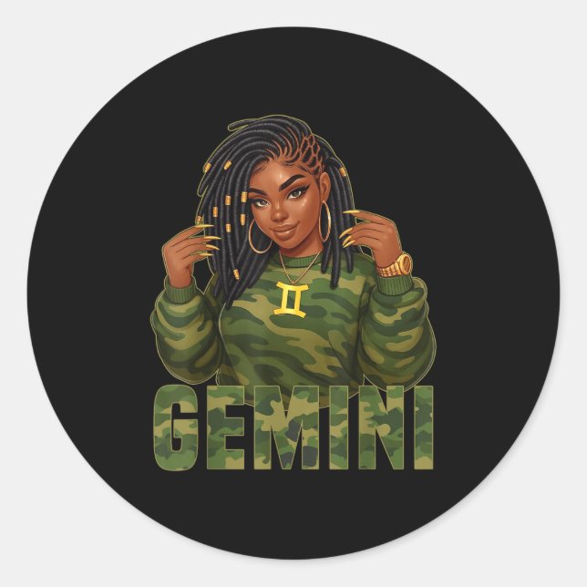 Gemini Queen Loc'd Black Woman Camo Zodiac Sign  Runder Aufkleber (Vorderseite)