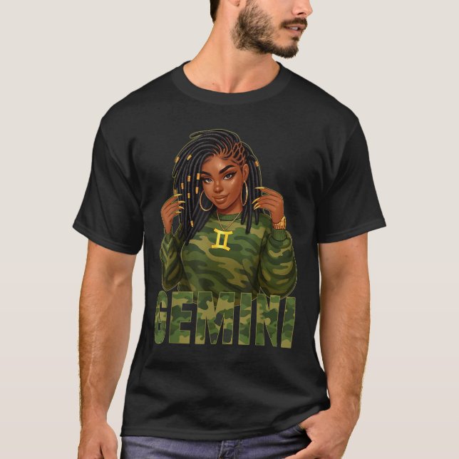Gemini Queen Loc'd Black Woman Camo Zodiac Sign  T-Shirt (Vorderseite)