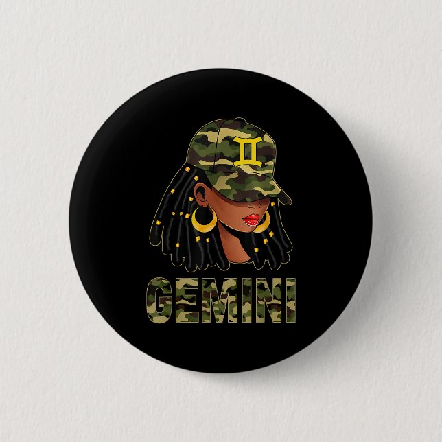 Gemini Queen Loc'd Hair Black Woman Camo Cap Zodia Button (Vorderseite)