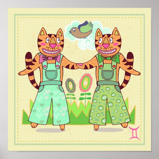 Gemini Twins Cat Zodiac Kinderzimmer Print Poster (Vorne)