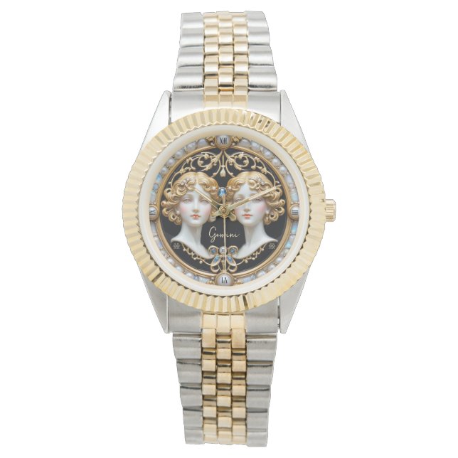 Gemini Twins, Perl und Gold Personalisiert Armbanduhr (Vorderseite)