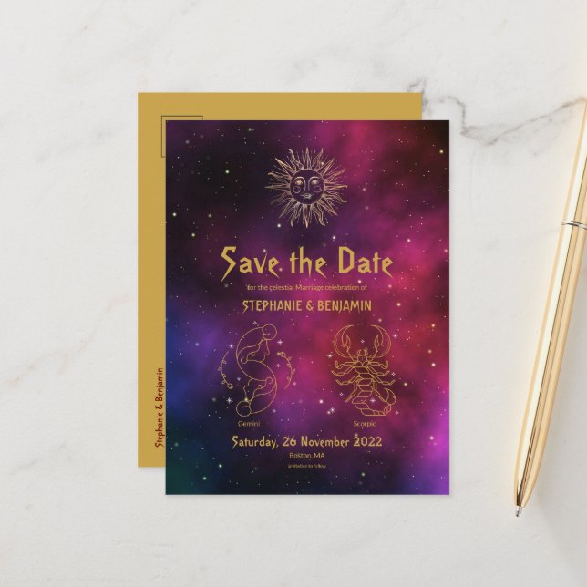 Gemini und Scorpio Burgundy Stilvoll Save the Date Ankündigungspostkarte (Vorderseite/Rückseite Beispiel)
