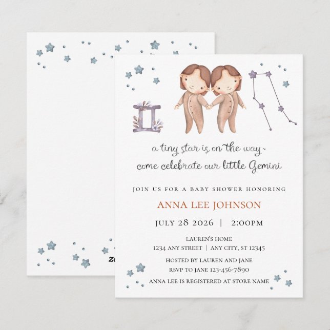 Gemini Zodiac Baby Shower Invitation Feiertagskarte (Vorne/Hinten)