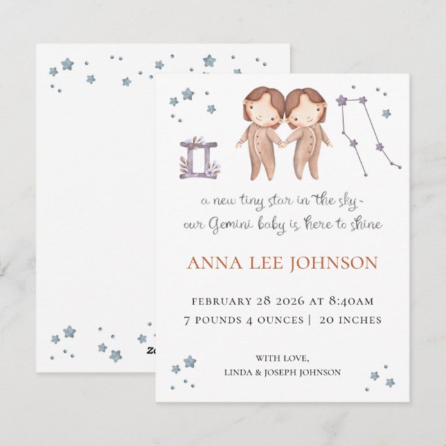 Gemini Zodiac Birth Announcement Feiertagskarte (Vorne/Hinten)