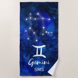 Gemini Zodiac Constellation Blue Galaxy Monogramm Strandtuch