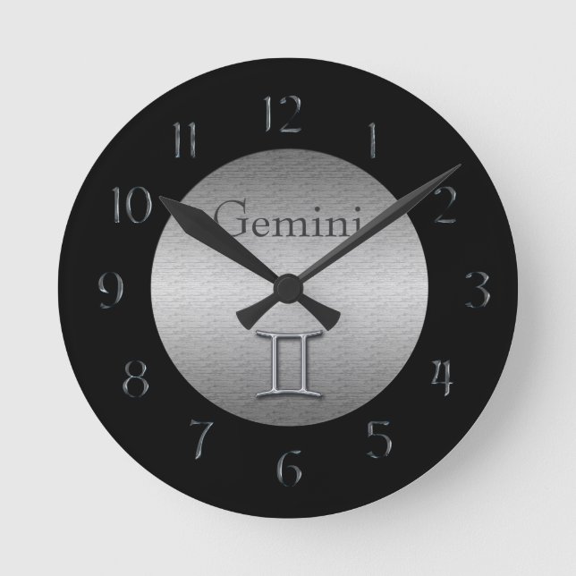 Gemini-Zodiac-Imitate, silber/schwarz gebürstet Runde Wanduhr (Vorderseite)