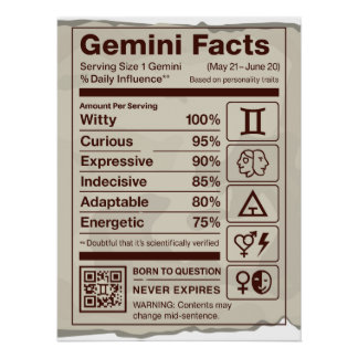 Gemini Zodiac Nutrition Facts Poster - Geburtstag