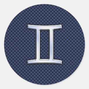 Gemini Zodiac Sign auf Blue Carbon Fibre Style Runder Aufkleber