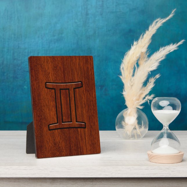 Gemini Zodiac Sign auf Mahogany Wood Style Fotoplatte (Seite)