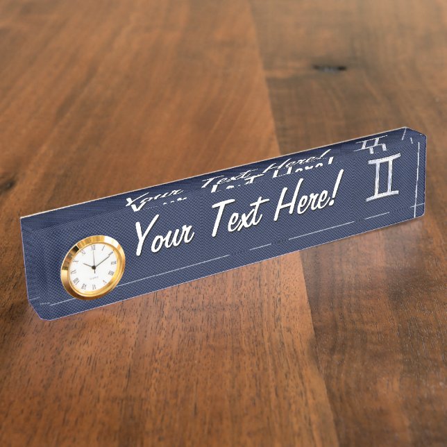 Gemini Zodiac Sign auf Navy Blue Carbon Fibre Prin Namensplakette (Seite)